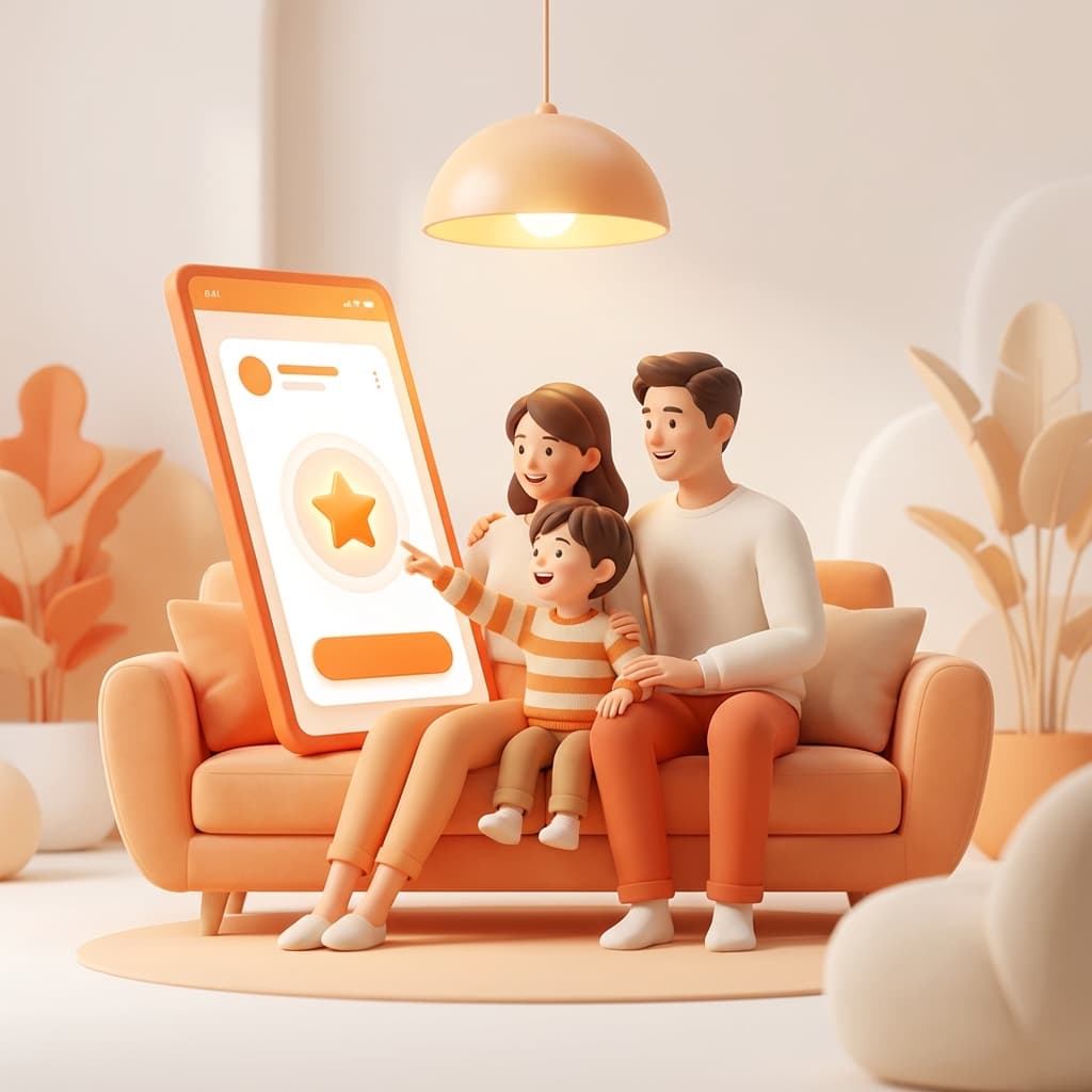 Šťastná rodina používající aplikaci Lovci bodů